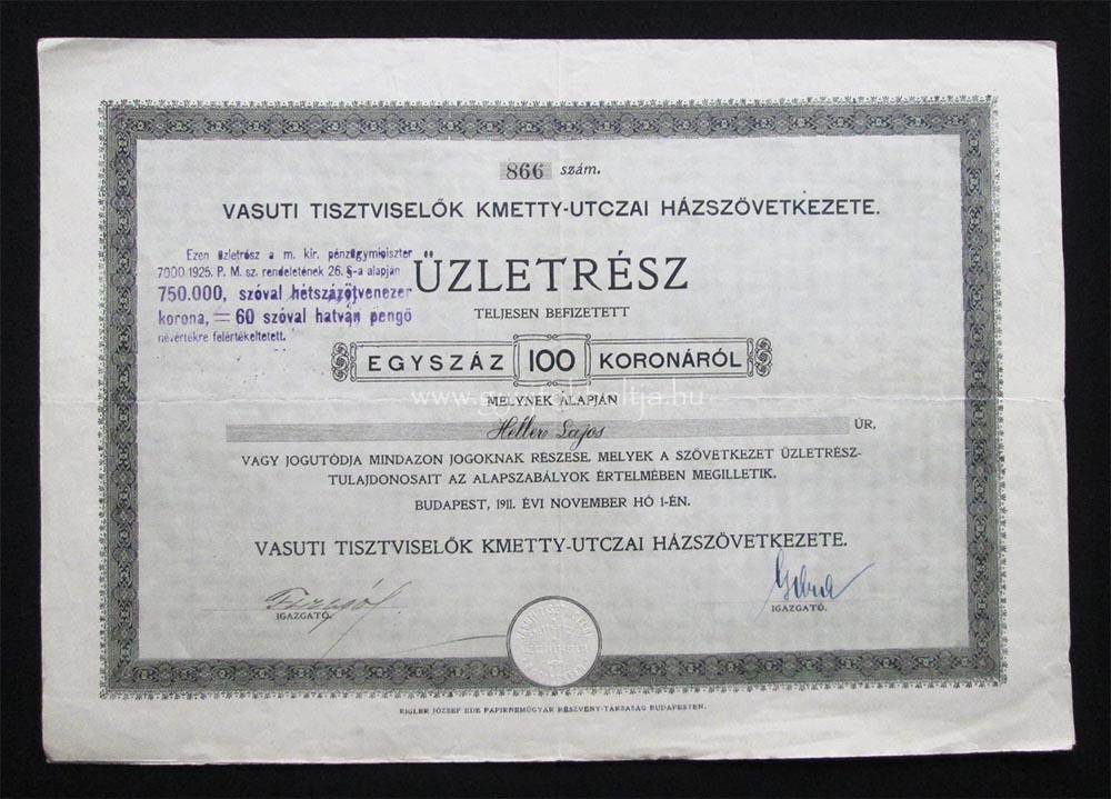 Vasuti Tisztviselők Kmetty-Utczai Hátszövetkezete üzletrész 1911